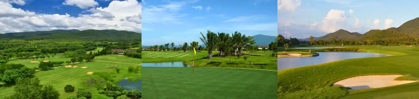 Chiang Mai Golf Thailand - Mountain Views and Peaceful Golf Courses in Northern Thailand Collage of golf courses in Chiang Mai, Thailand, featuring lush greenery, mountain backdrops, and water features, offered by Fairways of Eden.