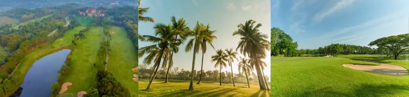 Chiang Rai Golf Thailand - Peaceful Northern Golf Courses with Tropical Views Collage of golf courses in Chiang Rai, Thailand, featuring river views, palm trees, and open fairways in a peaceful natural setting, presented by Fairways of Eden.