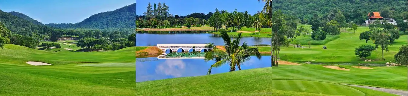 Hua Hin Golf Courses Thailand - Scenic Mountain Golf and Coastal Charm Collage of top golf courses in Hua Hin, Thailand, showcasing mountain backdrops, lakeside fairways, tropical palm trees, and serene greens offered by Fairways of Eden.