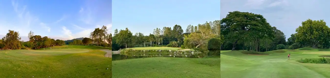 Kanchanaburi Golf Course Thailand - Riverside Golf and Natural Mountain Scenery Collage of golf courses in Kanchanaburi, Thailand, showing sunset-lit fairways, forested surroundings, and serene greens, featured by Fairways of Eden.