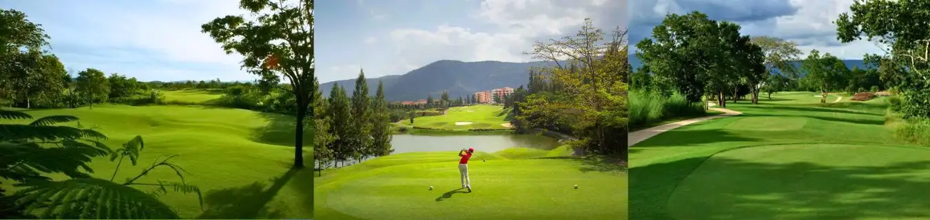 Khao Yai Golf Course Thailand - Mountain Views and Natural Fairways Collage of golf courses in Khao Yai, Thailand, with jungle-lined fairways, mountainous backdrops, and a golfer teeing off, featured by Fairways of Eden.