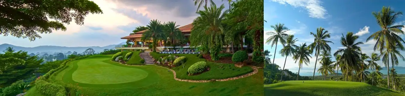 Koh Samui Golf Course Thailand - Ocean View Fairways and Tropical Golf Paradise Collage of tropical golf scenes in Koh Samui, Thailand, featuring a lush green course with palm trees, ocean views, and a clubhouse nestled in the hills, by Fairways of Eden.