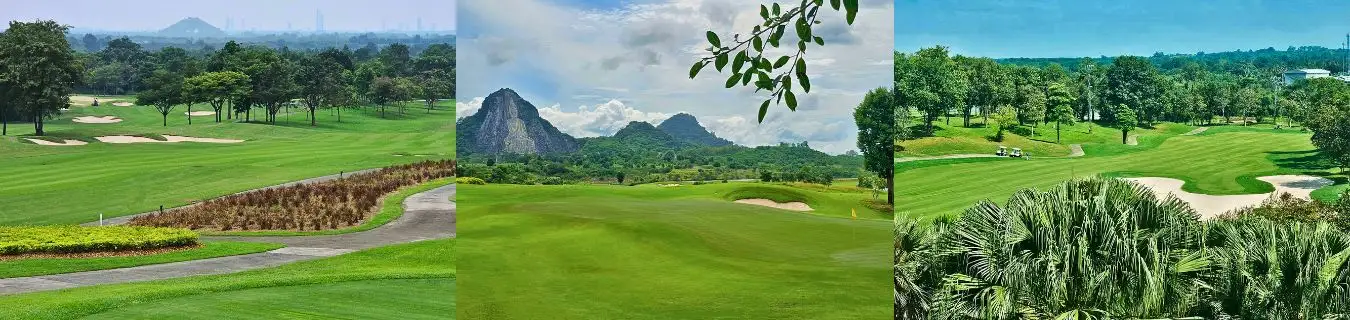 Pattaya Golf Courses Thailand - Championship Fairways and Scenic Mountain Views Collage of golf courses in Pattaya, Thailand, featuring mountain views, palm trees, wide fairways, and lush tropical settings, representing top picks by Fairways of Eden.